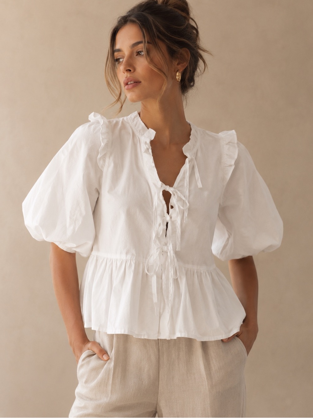 Japanese Boutique White Puff Sleeve Tie Front Peplum Blouse Size Large